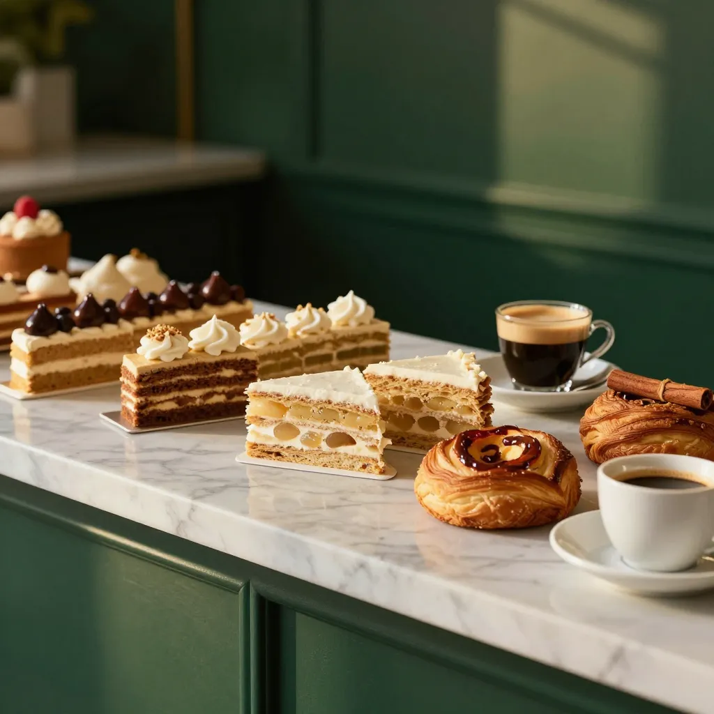 Patisserie-Theke mit Gebäck vor einer grünen Wand bei Zimty's